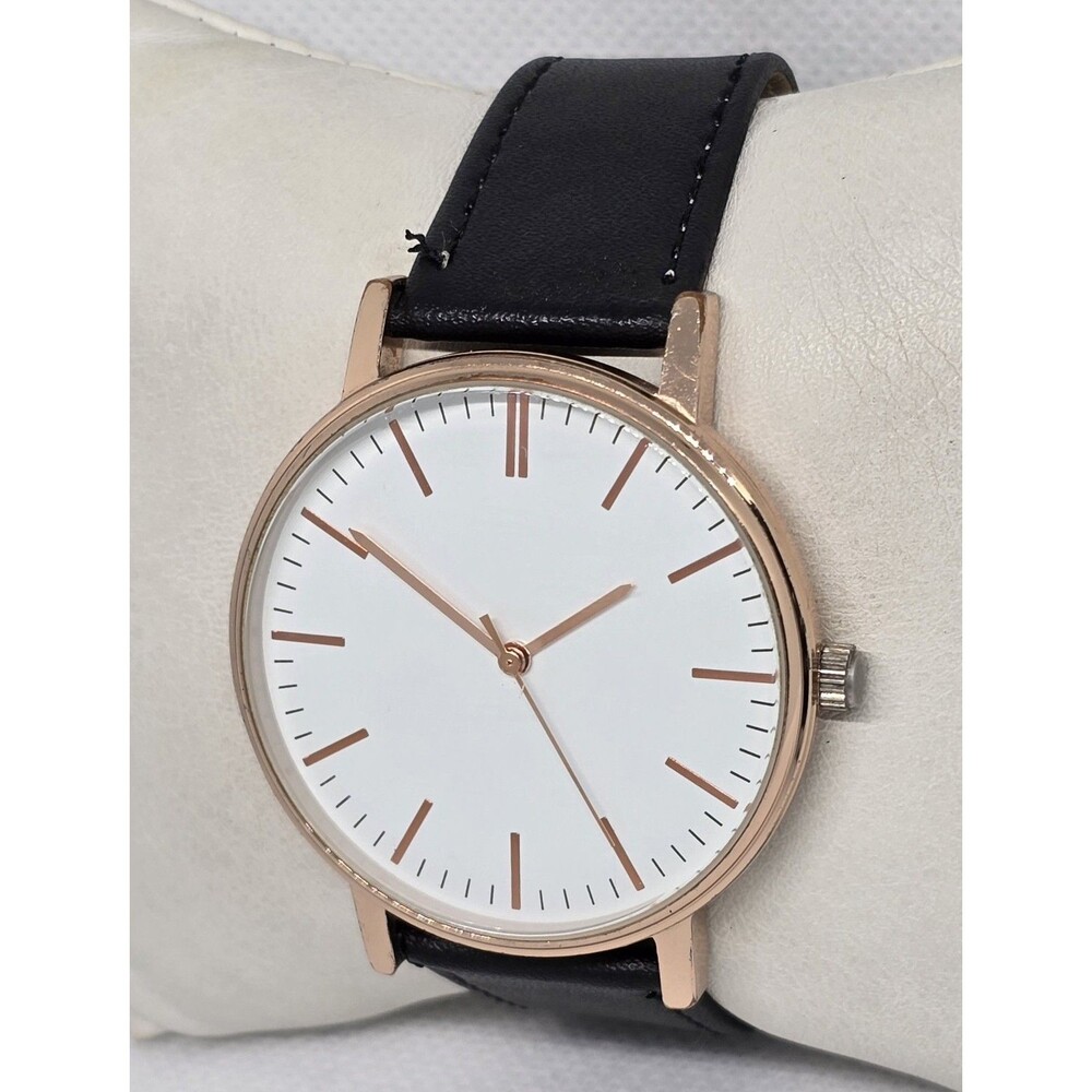 Men's Minimalistic Round White Dial Rose Gold Tone Black Leather Strap Watch 08 - Picture 2 of 8